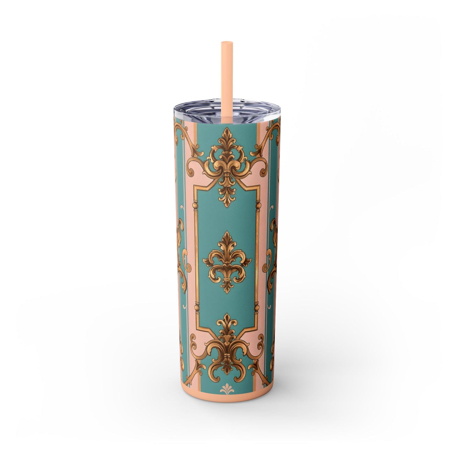 Elegant Floral Skinny Tumbler, 20oz Travel Mug, Stylish Drinkware, Perfect Gift for Her, Vintage Inspired - Pink & Matte Turquoise Striped Rococo