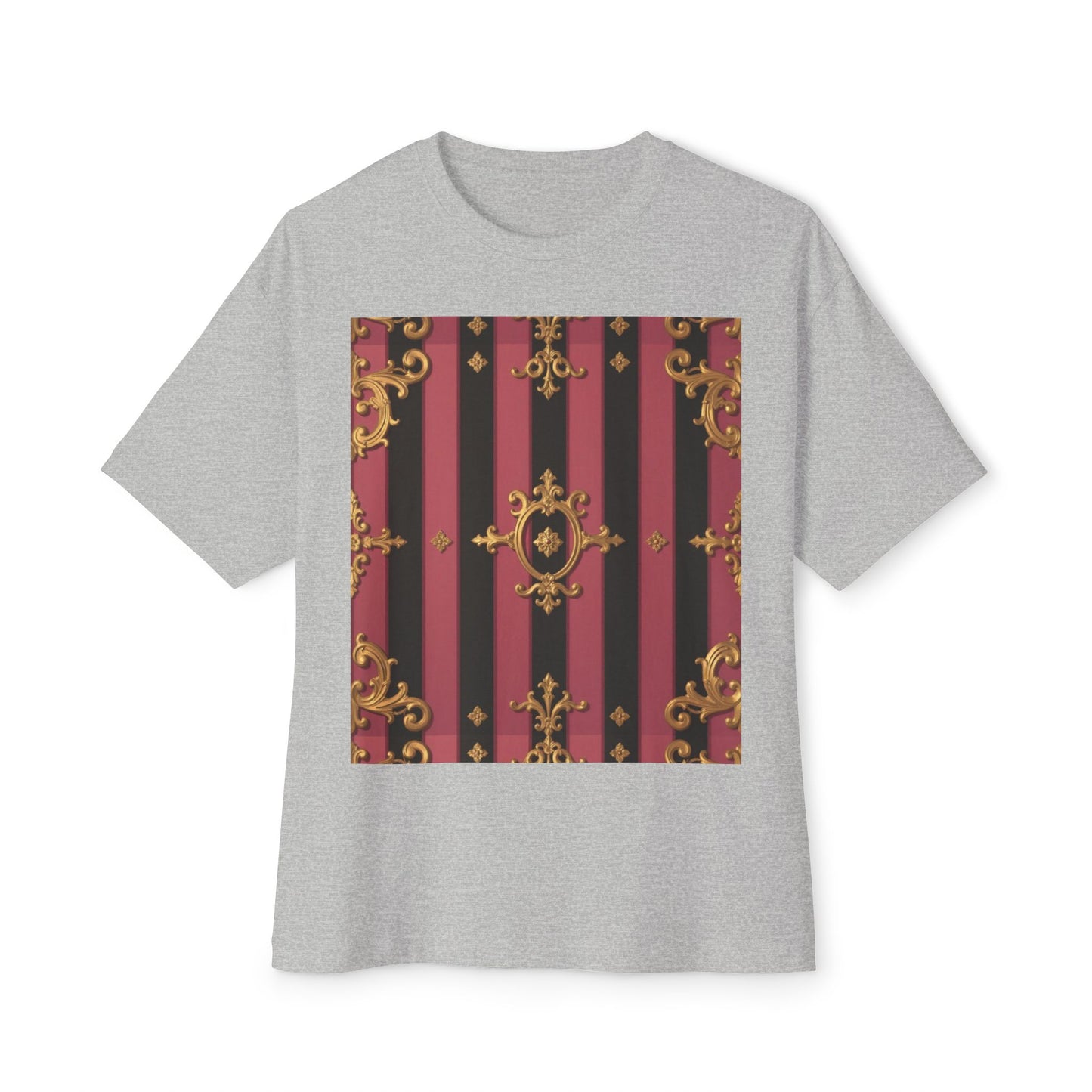 Stylish Black & Mauve Striped Gold Baroque Oversized Tee - Chic Statement Top, Casual Fashion, Perfect for Festivals
