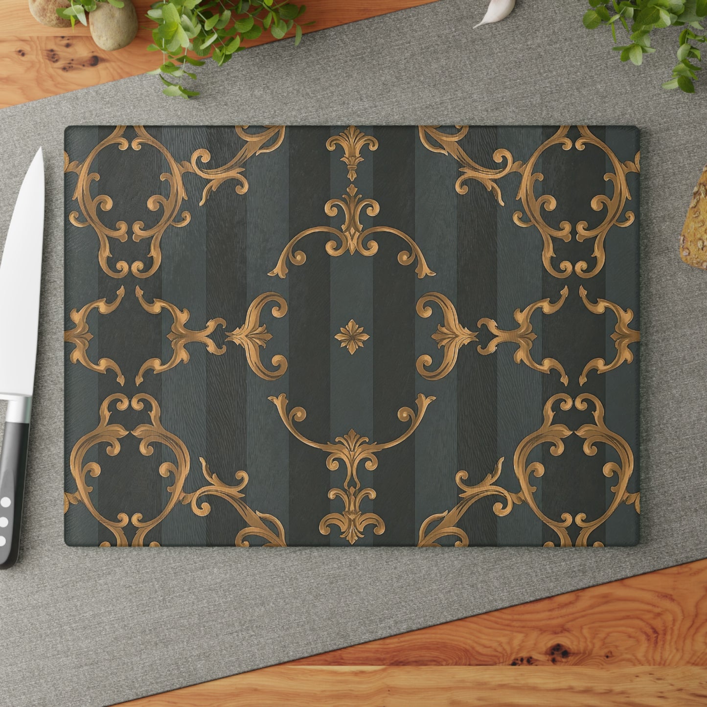 Elegant Glass Cutting Board - Vintage Floral Design for Stylish Kitchens - Gray Striped Baroque