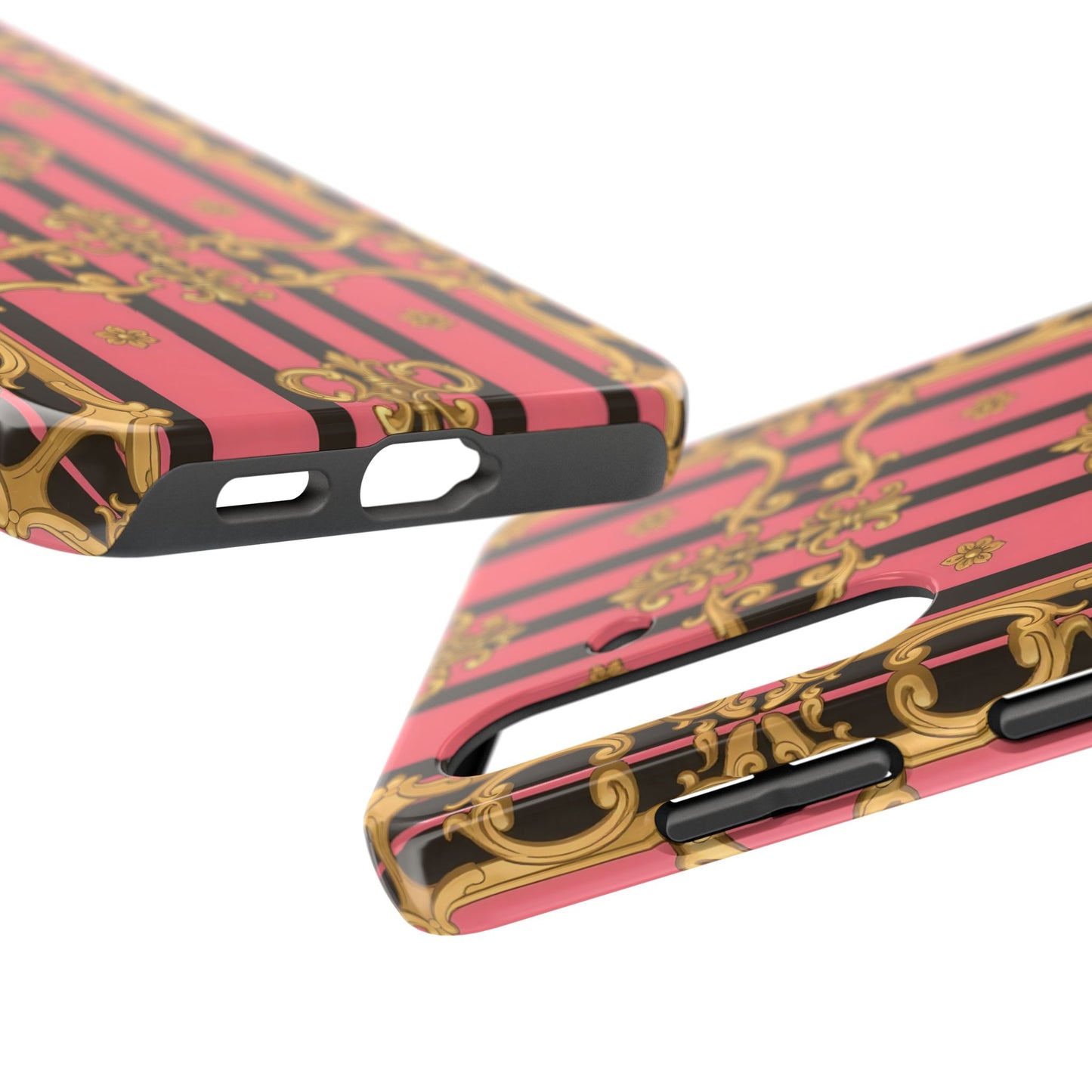 Elegant Baroque Tough Phone Cases, Stylish Protection, Gift for Her, Trendy Accessory - Pink & Black Striped Gold Baroque