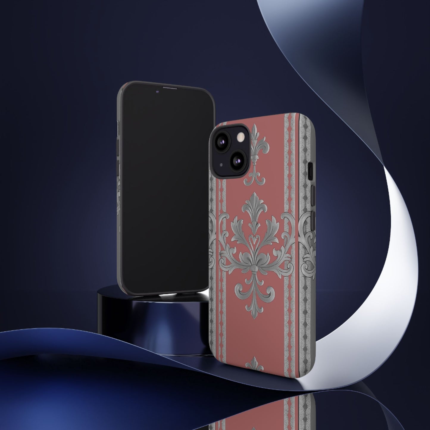 Elegant Floral Phone Case - Tough Cases for Stylish Protection - Gray & Mauve Striped Baroque