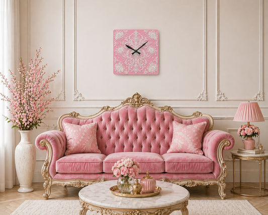 Pink Rococo Acrylic Wall Clock — Elegant Vintage Floral Home Decor