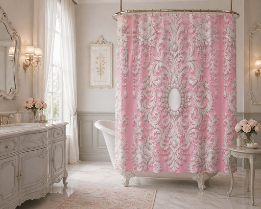 Pink Rococo Pearl Shower Curtain — Luxurious Vintage Bathroom Decor
