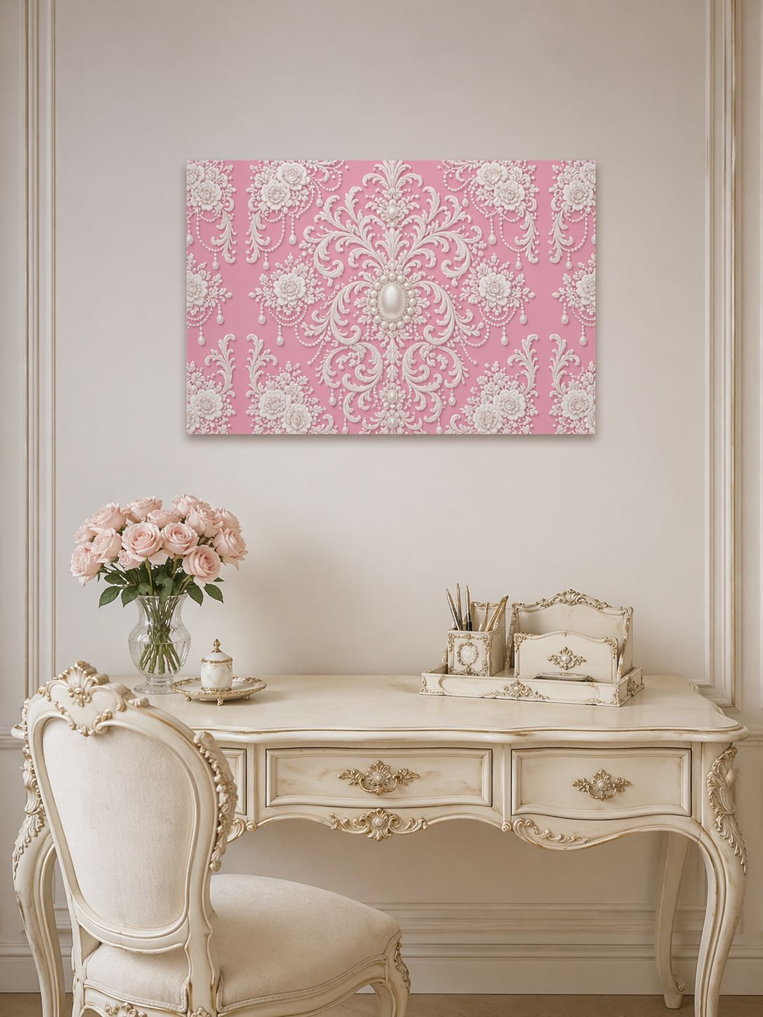 Pink Rococo Pearl Foam Board Wall Art — Elegant Vintage Floral Accent