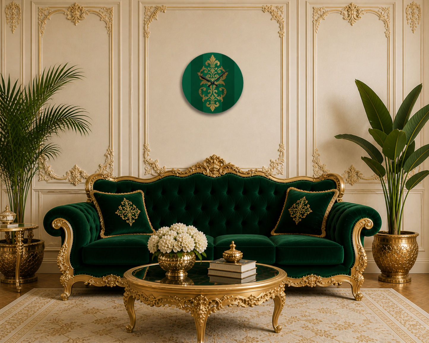 Baroque Green Striped Gold Accent Acrylic Wall Clock — Elegant Home Decor