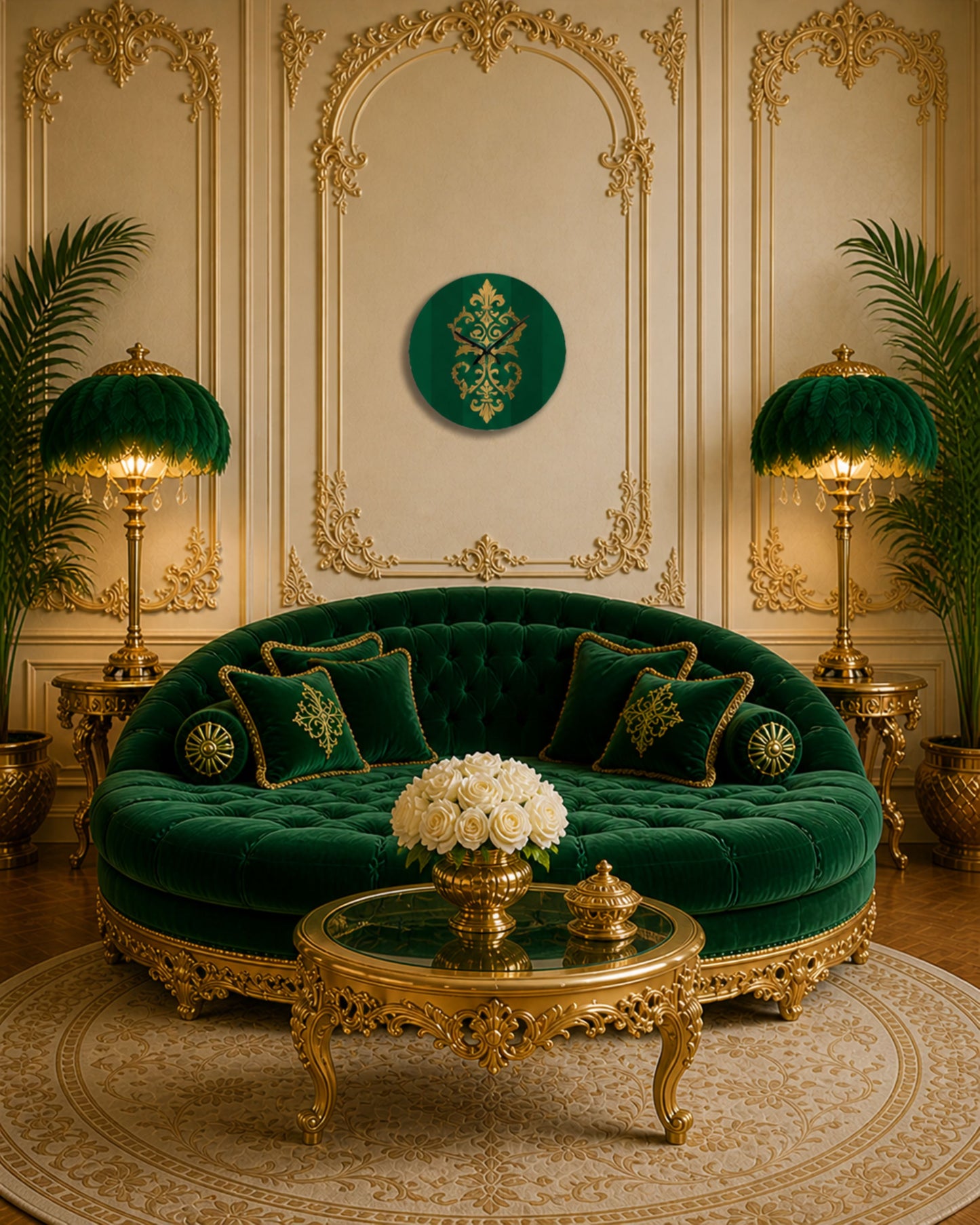 Baroque Green Striped Gold Accent Acrylic Wall Clock — Elegant Home Decor