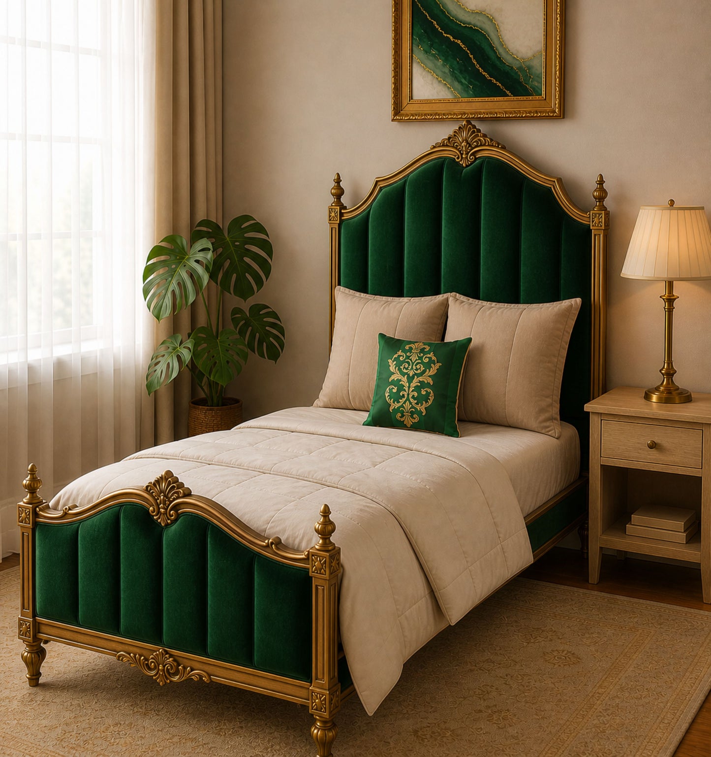 Green Striped Baroque Gold Poly Velvet Pillow
