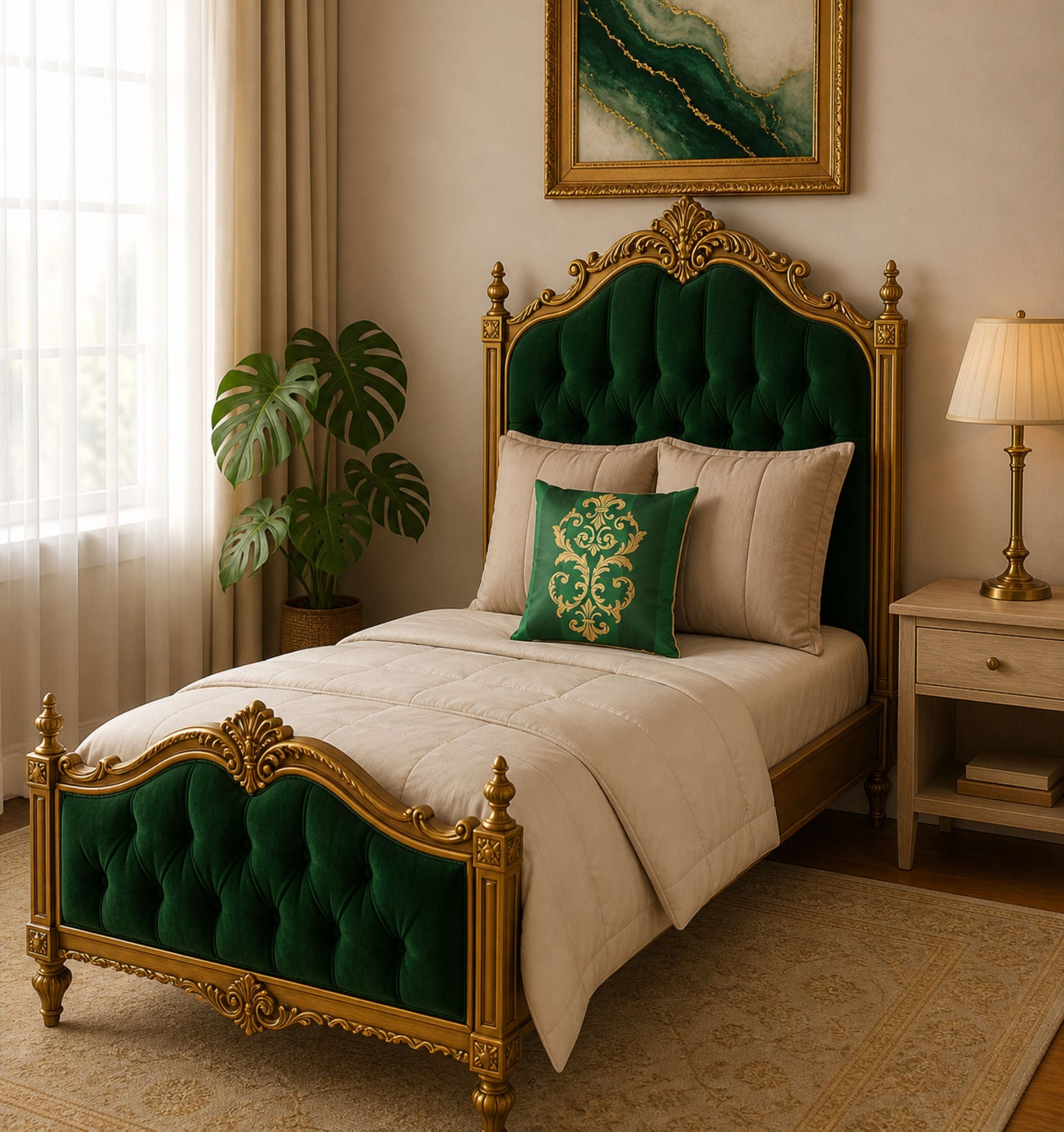 Green Striped Baroque Gold Poly Velvet Pillow