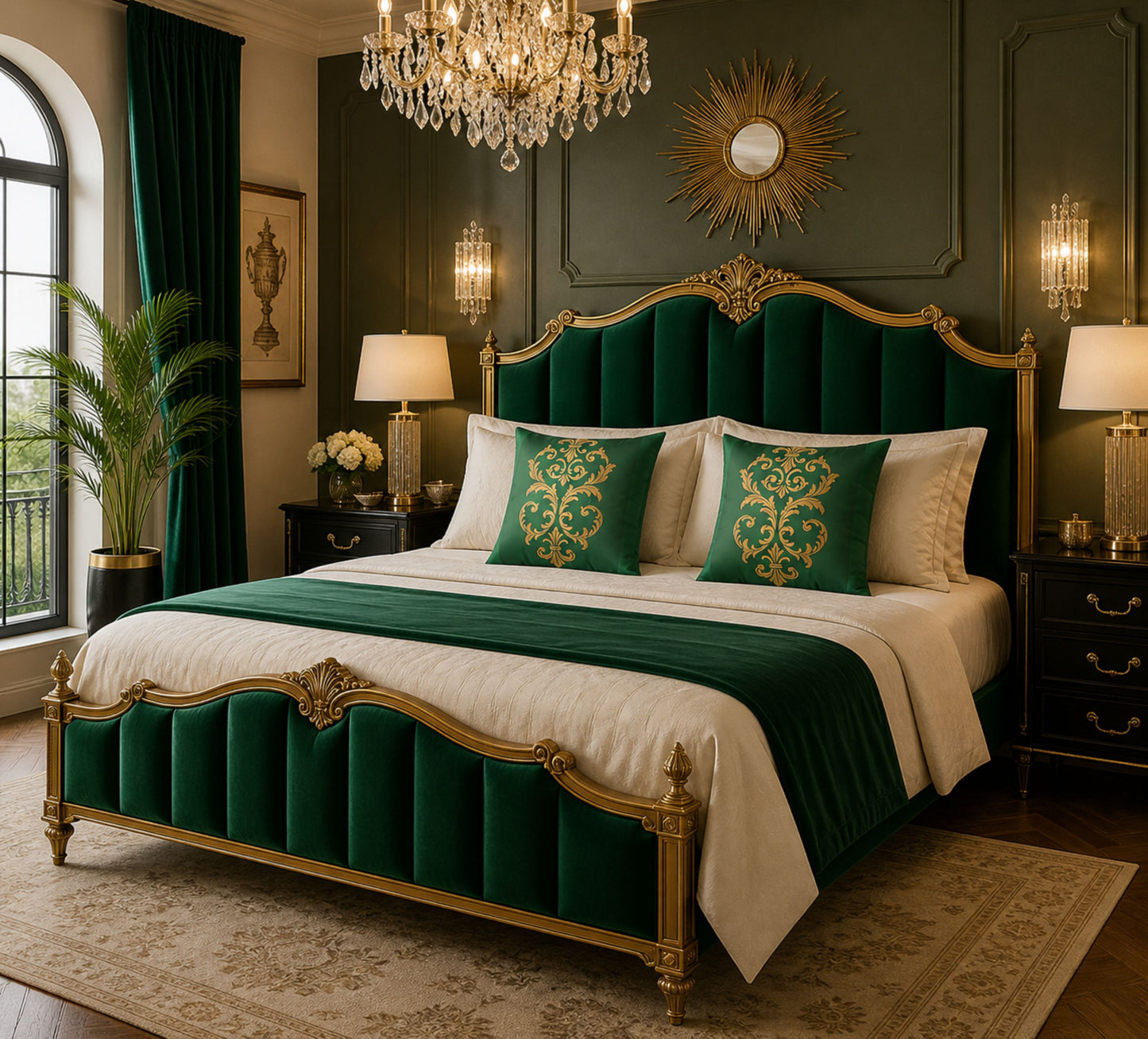 Green Striped Baroque Gold Poly Velvet Pillow