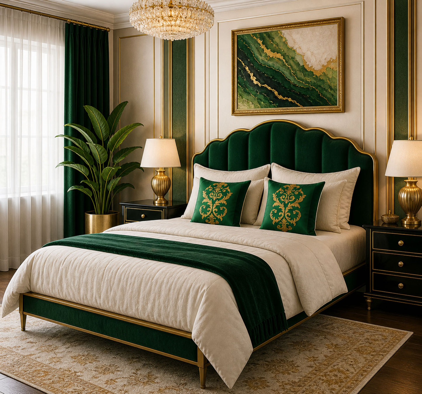 Green Striped Baroque Gold Poly Velvet Pillow
