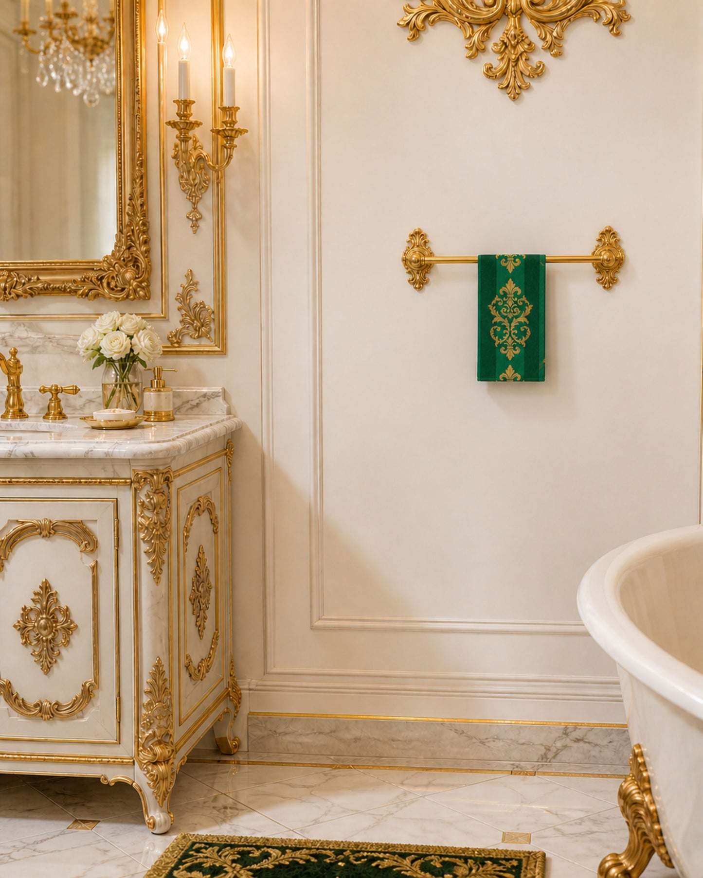 Striped Green & Gold Baroque Hand Towel — Elegant Vintage Baroque Kitchen Towel