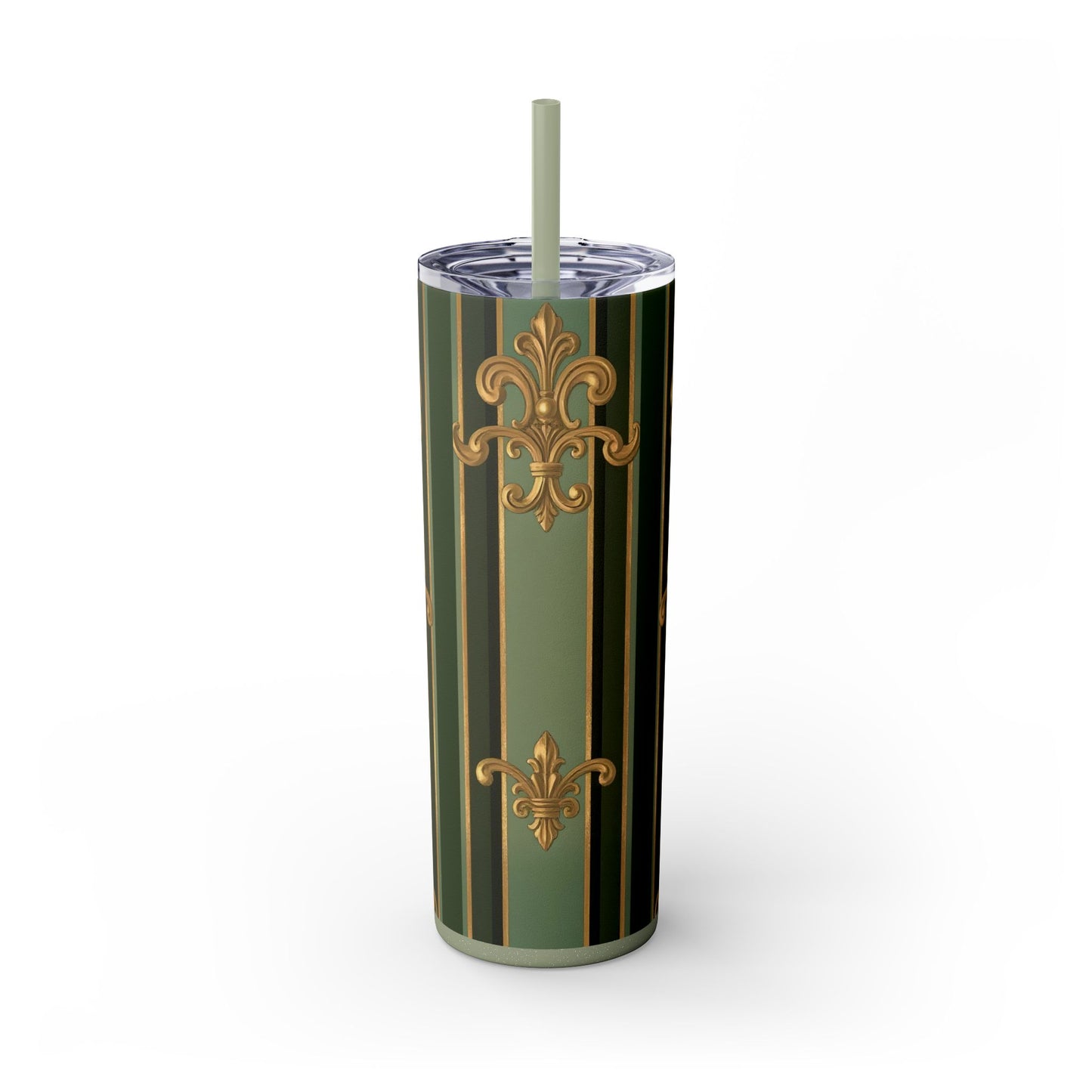 Elegant Green Striped Skinny Tumbler, 20oz Travel Mug, Reusable Cup, Perfect for Gifts, Parties, Home Decor - Green Striped Gold Baroque