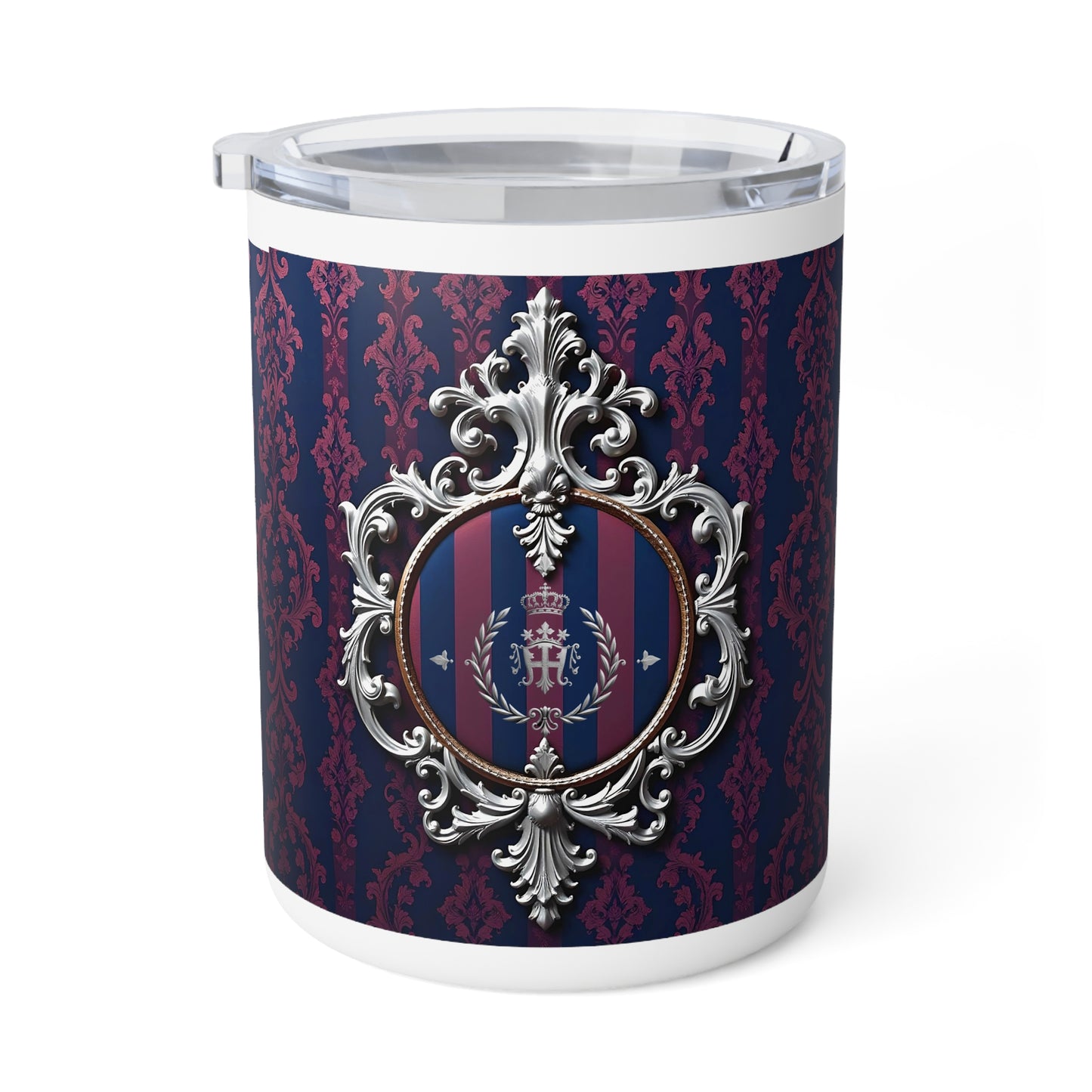 Elegant Insulated Coffee Mug with Regal Design | Perfect Gift for Home, Royal Tea Lovers, Stylish Drinkware - Blue & Plum Striped Silver Crest