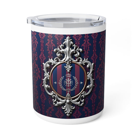 Elegant Insulated Coffee Mug with Regal Design | Perfect Gift for Home, Royal Tea Lovers, Stylish Drinkware - Blue & Plum Striped Silver Crest