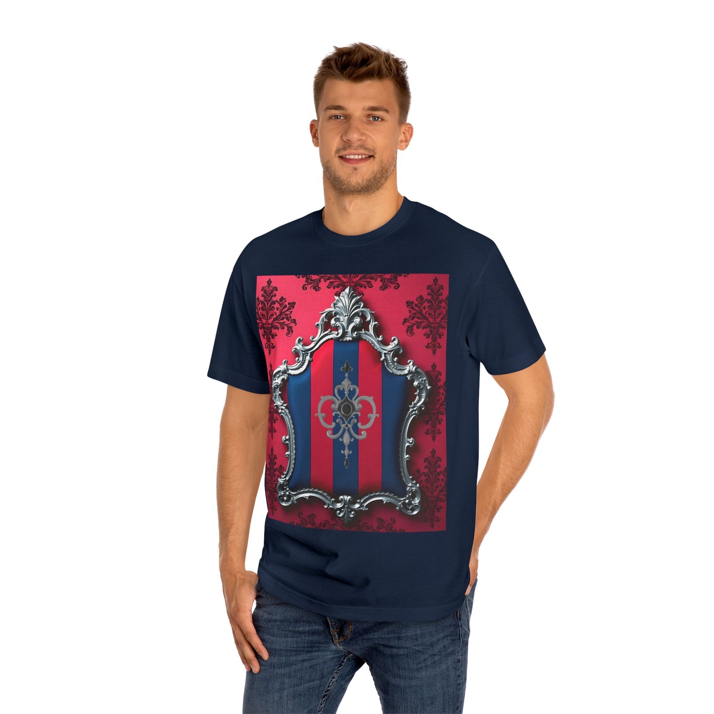 Vintage Couture Shield Unisex Classic Tee, Fashion T-Shirt, Gift for Fashion Lovers, Casual Wear, Unique Graphic Shirt - Blue & Red Striped Silver Crest