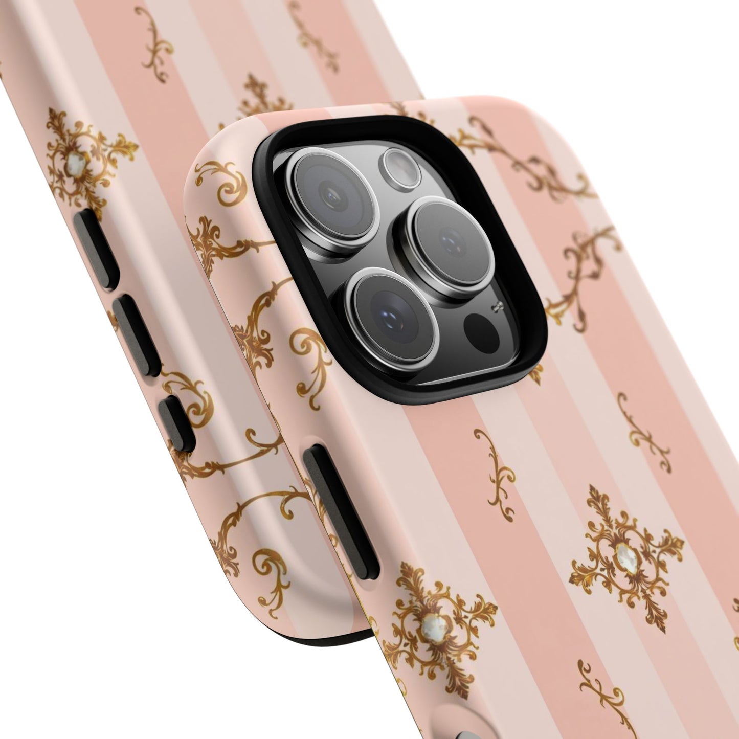 Elegant Floral Phone Case, Tough Cases for Women, Trendy Phone Cover, Chic Gift - Pink Jeweled Striped Gold Baroque
