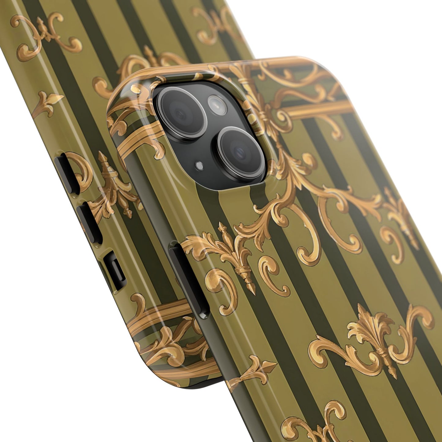 Elegant Vintage Phone Case - Tough Protection with Classy Design, Stylish Phone Cover for Fashion Lovers - Olive Green Striped Rococo
