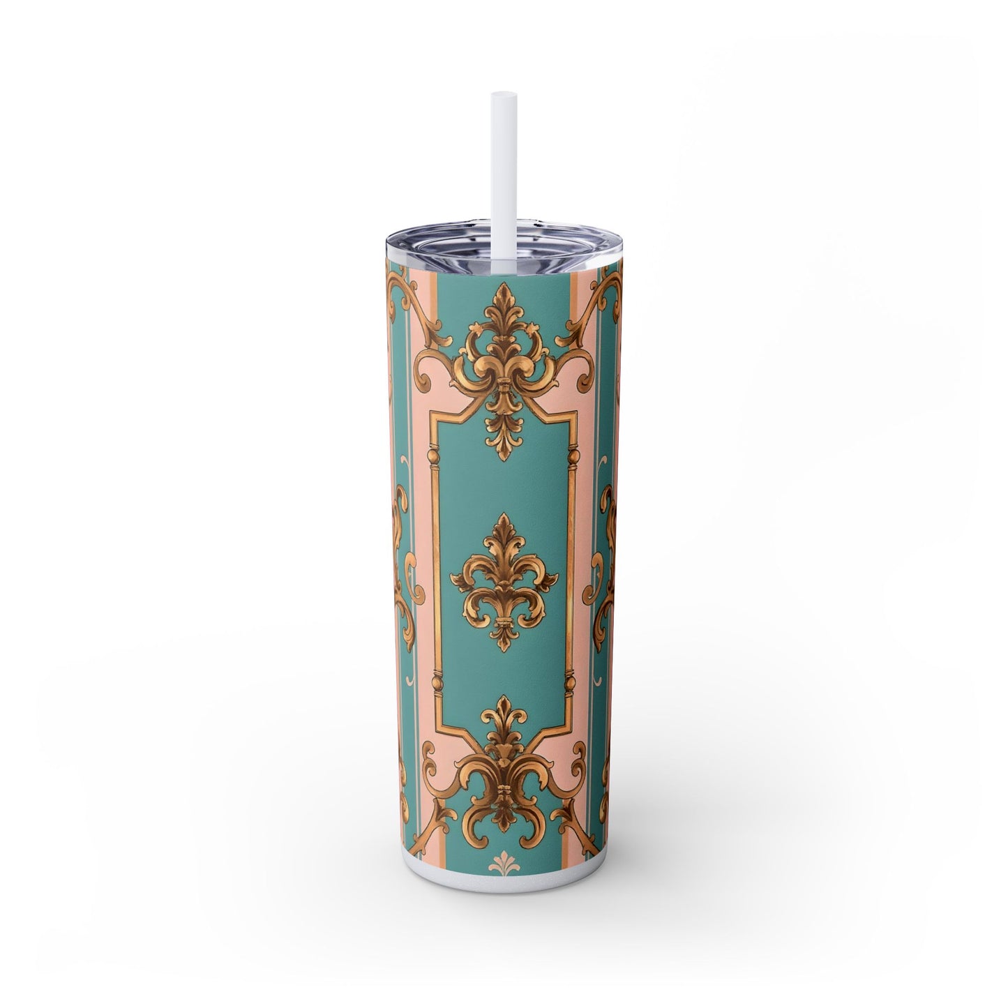 Elegant Floral Skinny Tumbler, 20oz Travel Mug, Stylish Drinkware, Perfect Gift for Her, Vintage Inspired - Pink & Matte Turquoise Striped Rococo