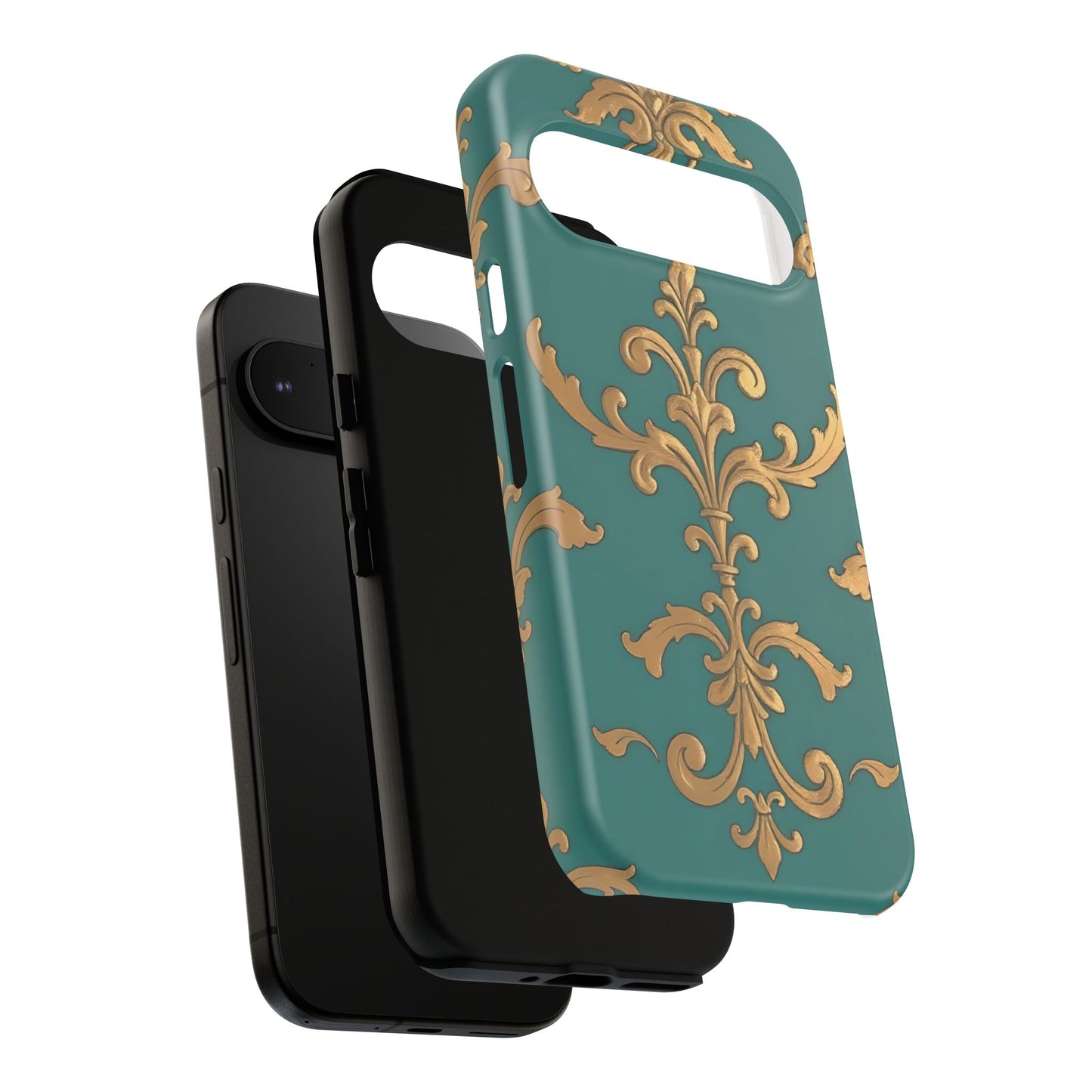 Elegant Floral Motif Phone Case - Tough Cases with Vintage Design - Aqua & Gold Damask