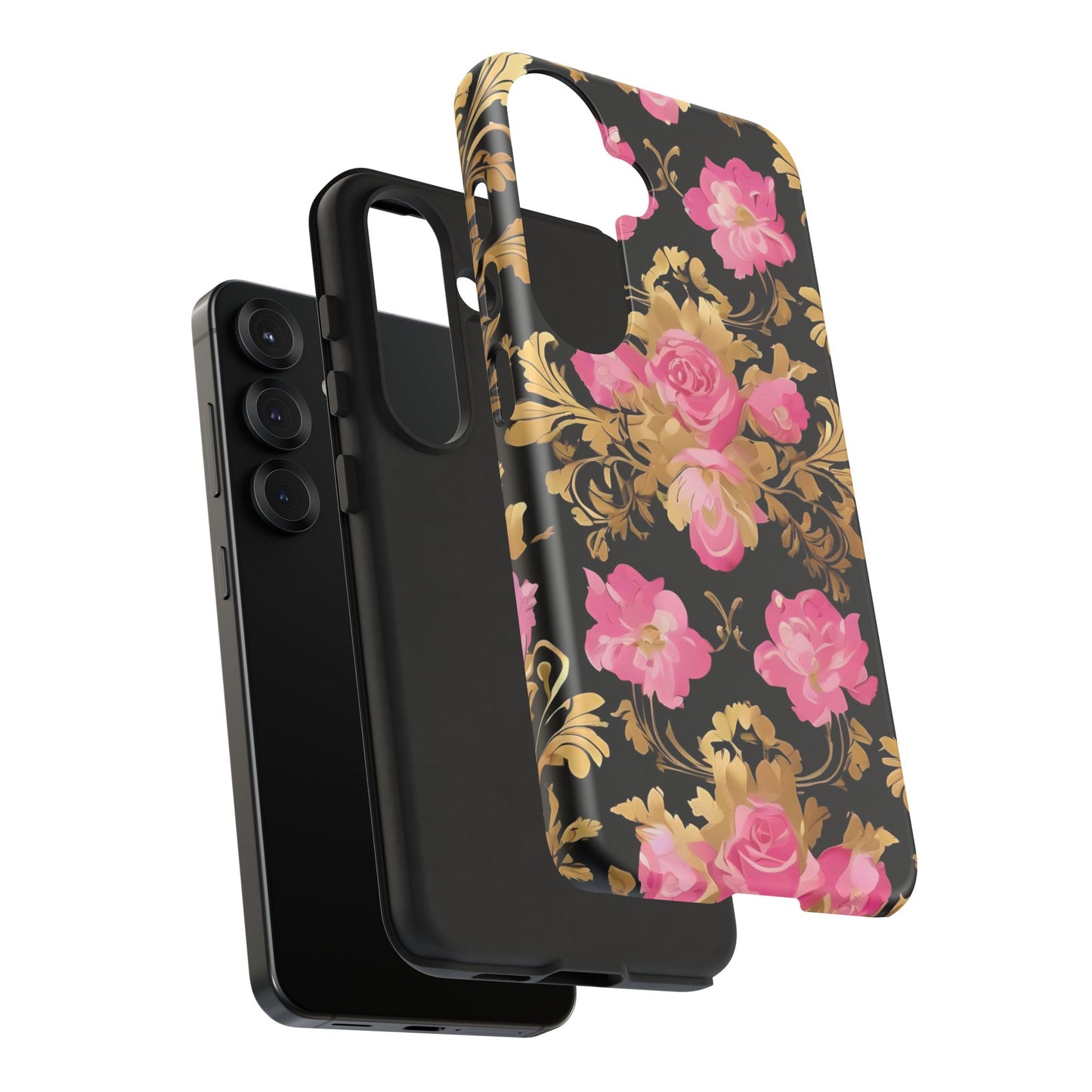 Elegant Floral Motif Phone Case - Tough Cases with Vintage Design - Pink & Gold Roses