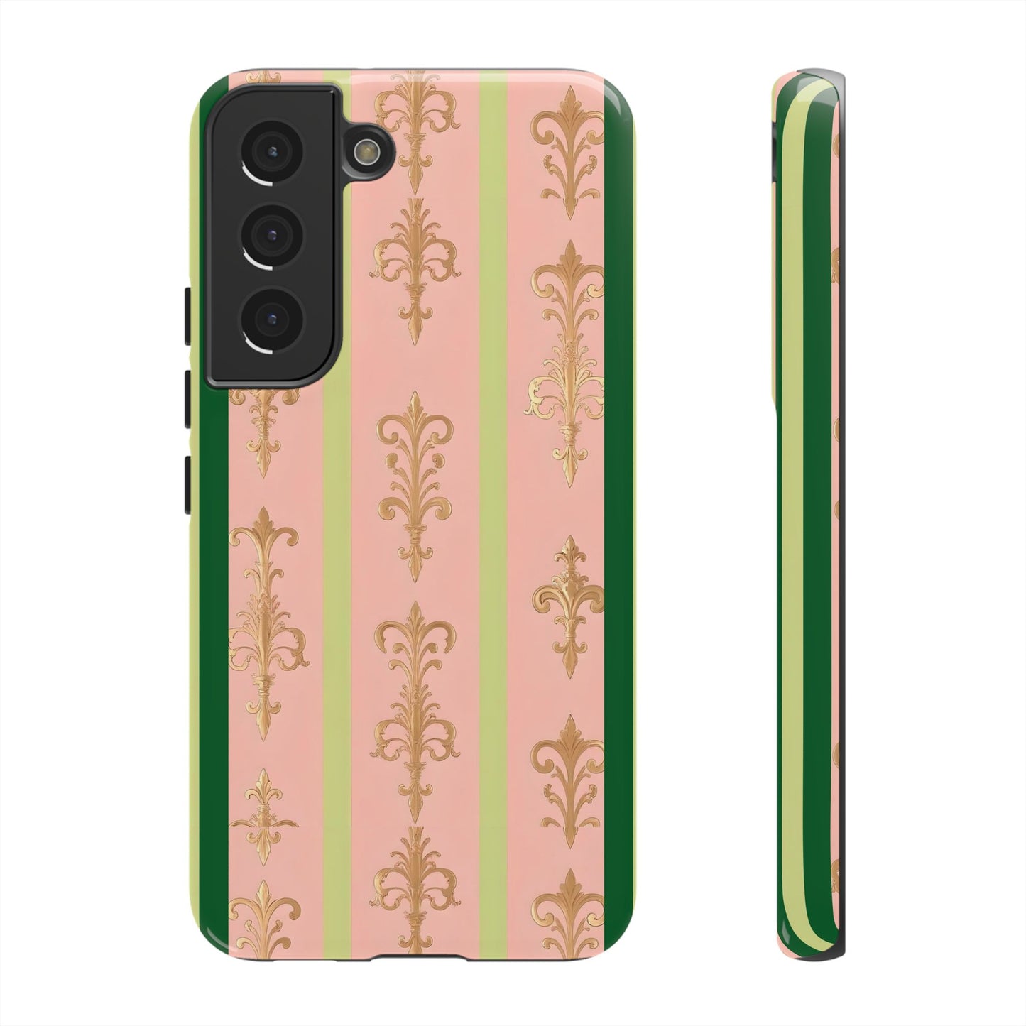 Elegant Floral Motif Phone Case - Tough Cases with Vintage Design - Lime Green & Pink Striped Damask