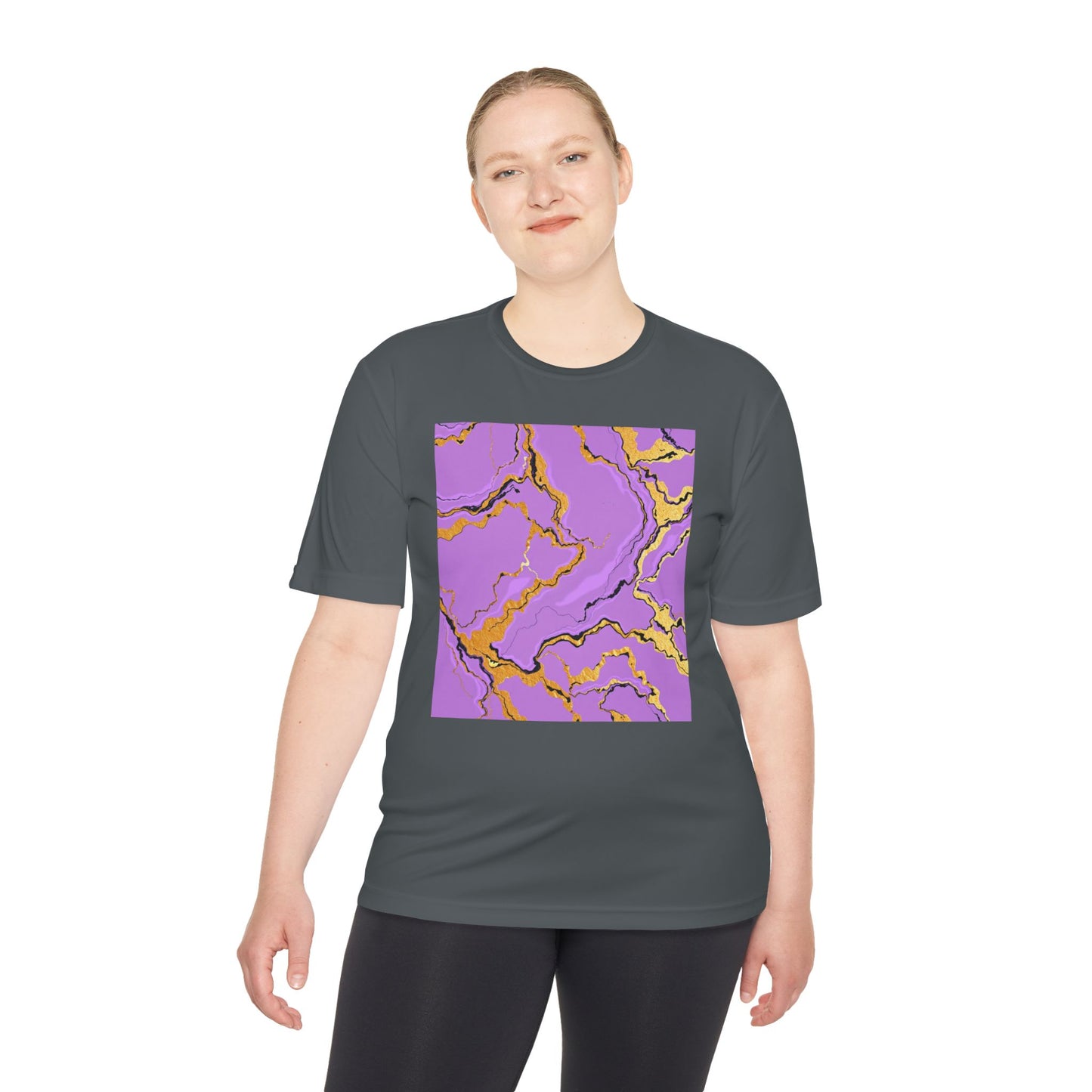 Unisex Moisture-Wicking Tee with Purple and Gold Marble Design - Athletic Shirt, Casual Wear, Fitness Apparel, Summer Style, Gift Idea