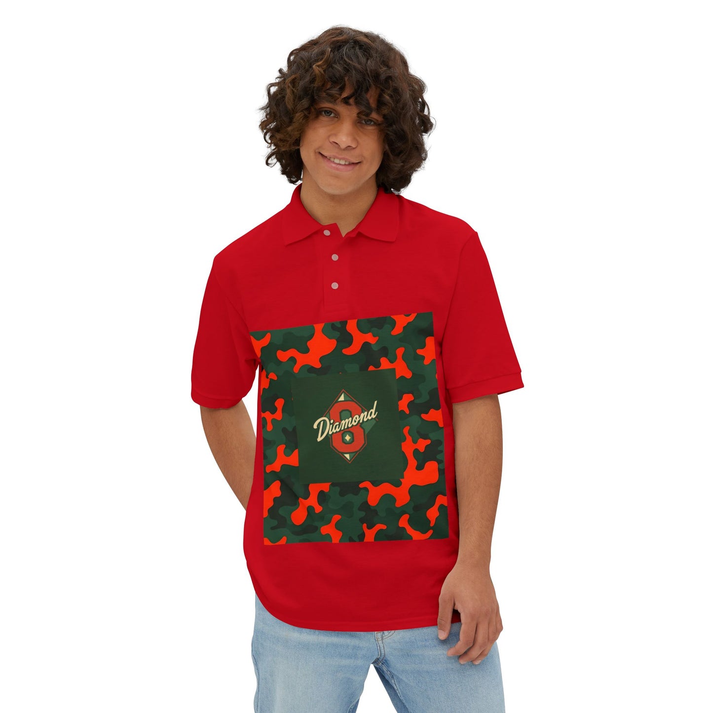 Stylish Men's Piqué Polo with Unique Diamond Camo Design - Casual Wear, Gifts for Him, Father's Day - Green & Orange Camo Diamond 8