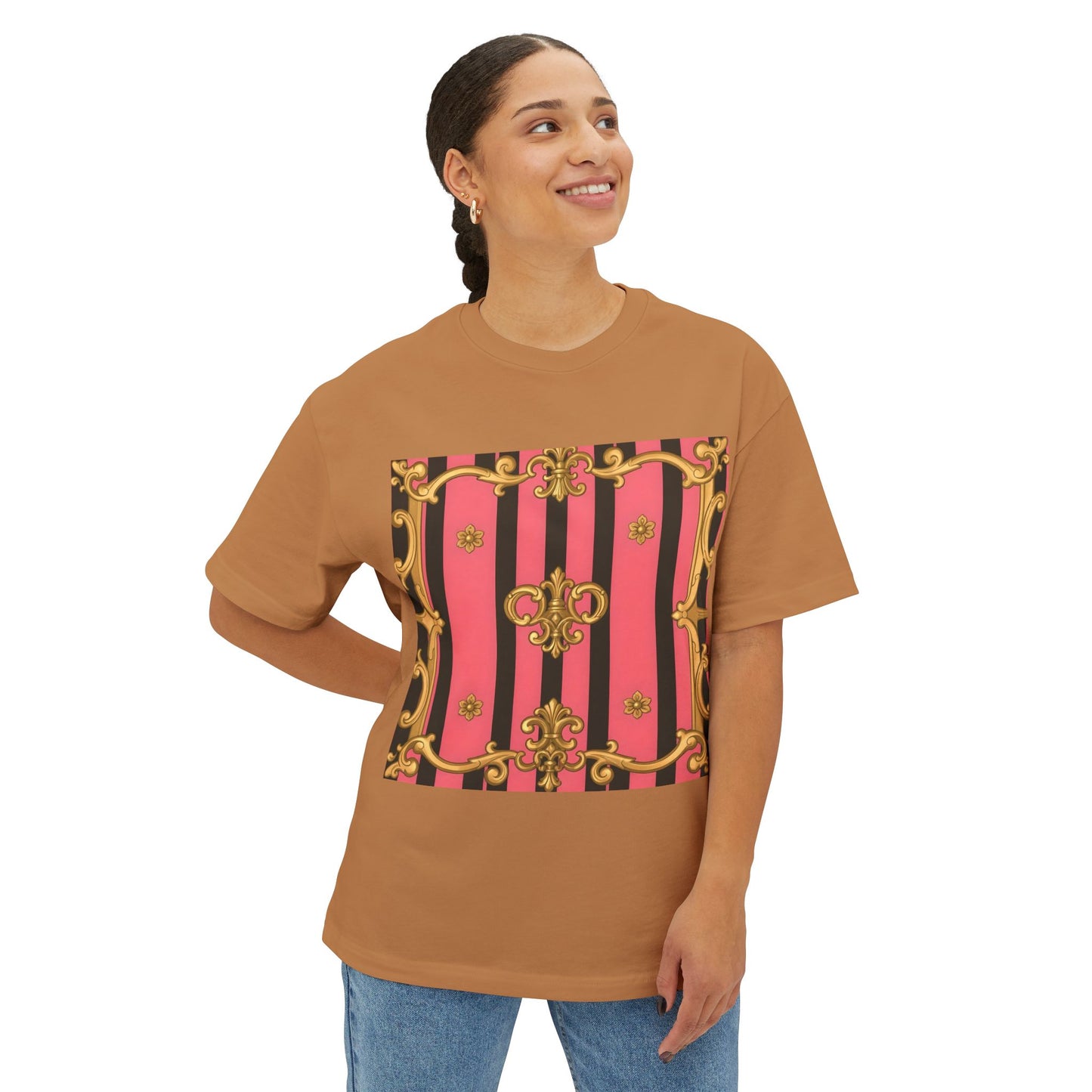 Chic Vintage-Inspired Oversized Tee, Stylish Graphic T-Shirt, Baroque Tee, Casual Summer Shirt - Pink & Black Striped Gold Baroque