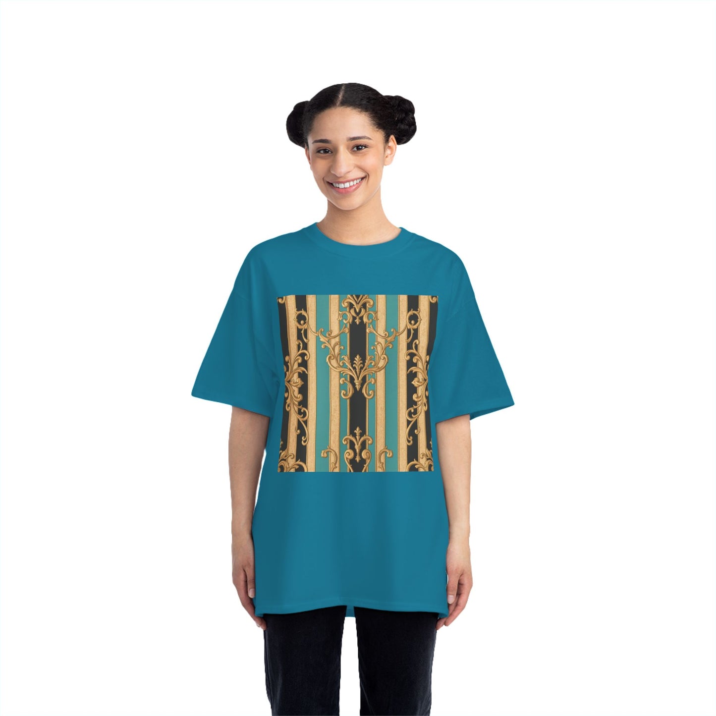 Chic Black, Tan & Ocean Green Striped Gold Baroque Vintage Pattern T-Shirt - Art Shirt, Stylish Casual Wear, Gifts & Everyday Fashion