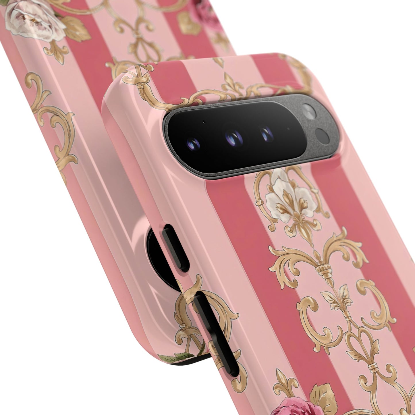 Elegant Floral Motif Phone Case - Tough Cases with Vintage Design - Pink Striped Roses & Damask