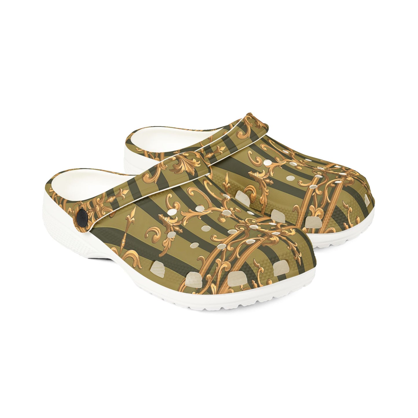Chic Patterned EVA Foam Shoes, Stylish Footwear, Comfortable Everyday Clogs, Unique Home Shoes - Olive Green Striped Rococo
