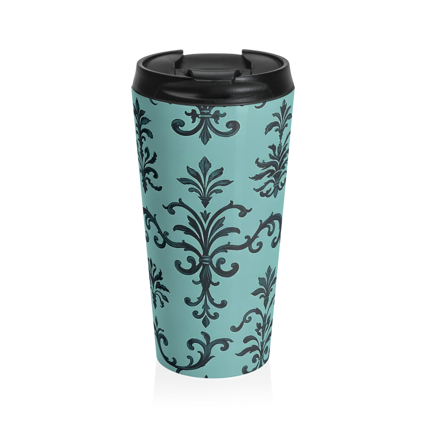 Elegant Floral Travel Mug for Coffee Lovers, Stylish Insulated Travel Cup, Gift for Her, Perfect for Work, Eco-Friendly Drinkware - Teal Striped Rococo