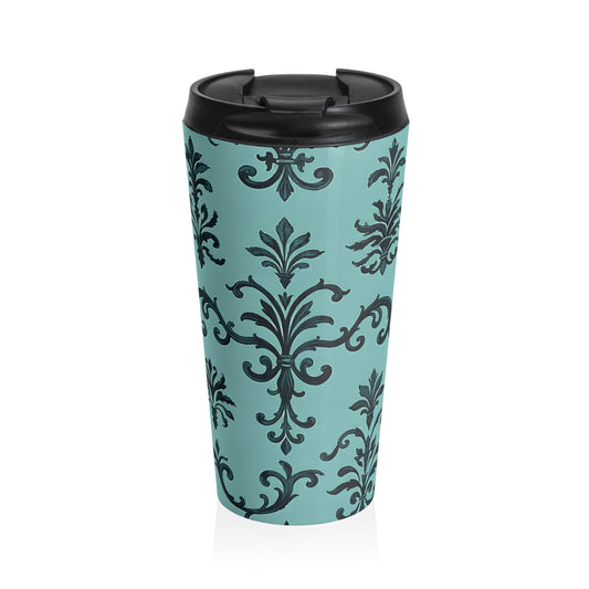 Elegant Floral Travel Mug for Coffee Lovers, Stylish Insulated Travel Cup, Gift for Her, Perfect for Work, Eco-Friendly Drinkware - Teal Striped Rococo