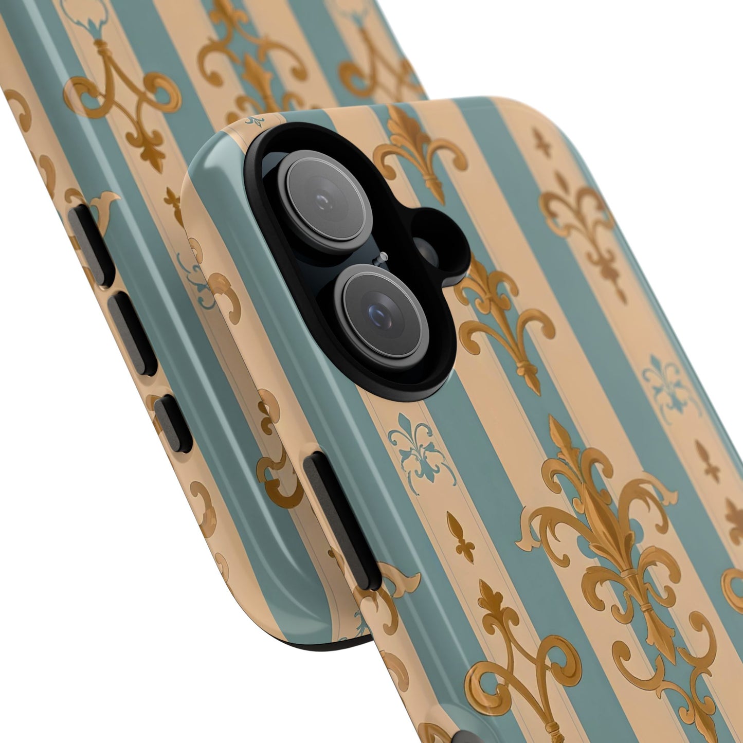 Elegant Floral Motif Phone Case - Tough Cases with Vintage Design -  Beige & Sky Blue Striped Gold Damask