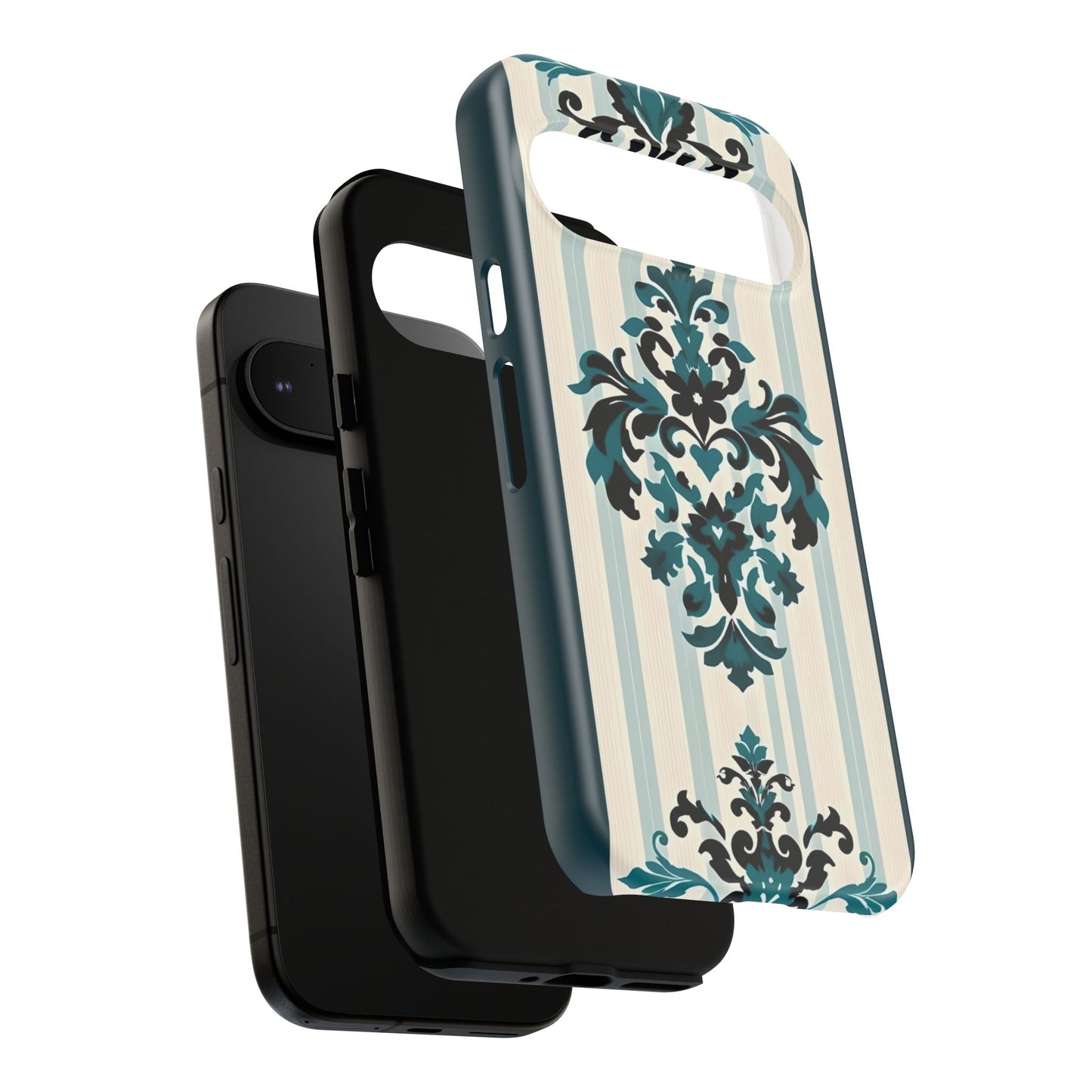 Elegant Floral Phone Case - Tough Cases with Vintage Design - Teal Striped Damask