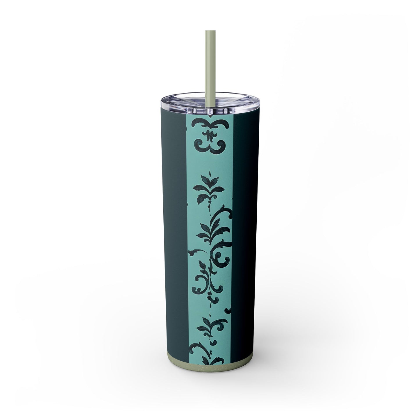 Elegant Floral Skinny Tumbler with Straw, 20oz, Personalized Drinkware, Stylish Travel Mug, Great Gift for Her - Teal Striped Rococo