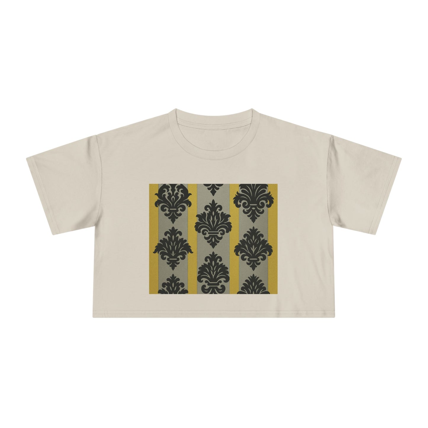 Chic Vintage Crop Tee | Stylish Women's Tee for Casual Outings, Gifts, Festivals, Layering, Everyday Wear - Silver & Gold Striped Black Baroque