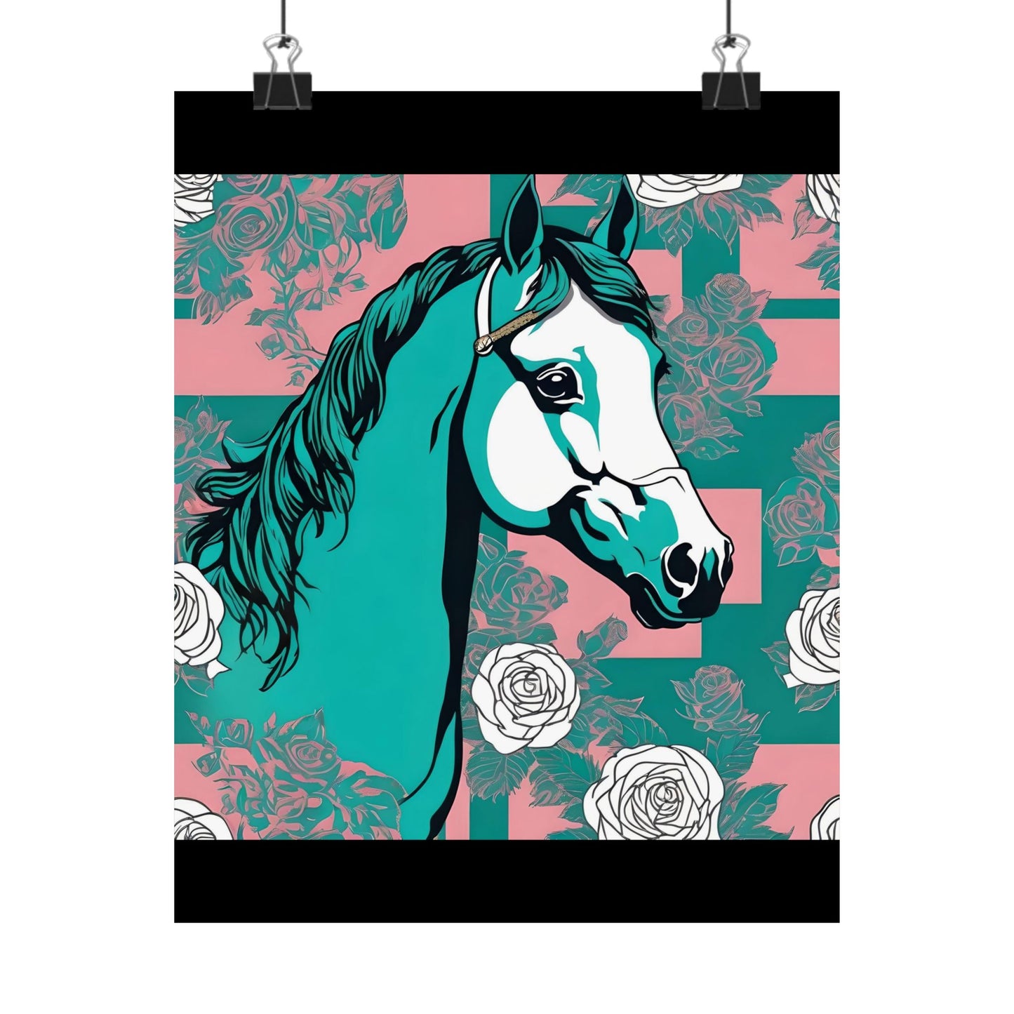 Floral Motif Art Poster - Elegant Matte Vertical Wall Decor - Teal & White Horse