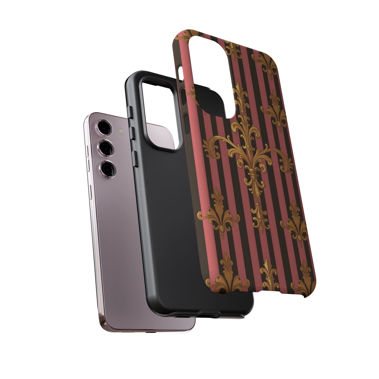 Elegant Floral Motif Phone Case - Tough Cases with Vintage Design - Mauve Striped Gold Damask
