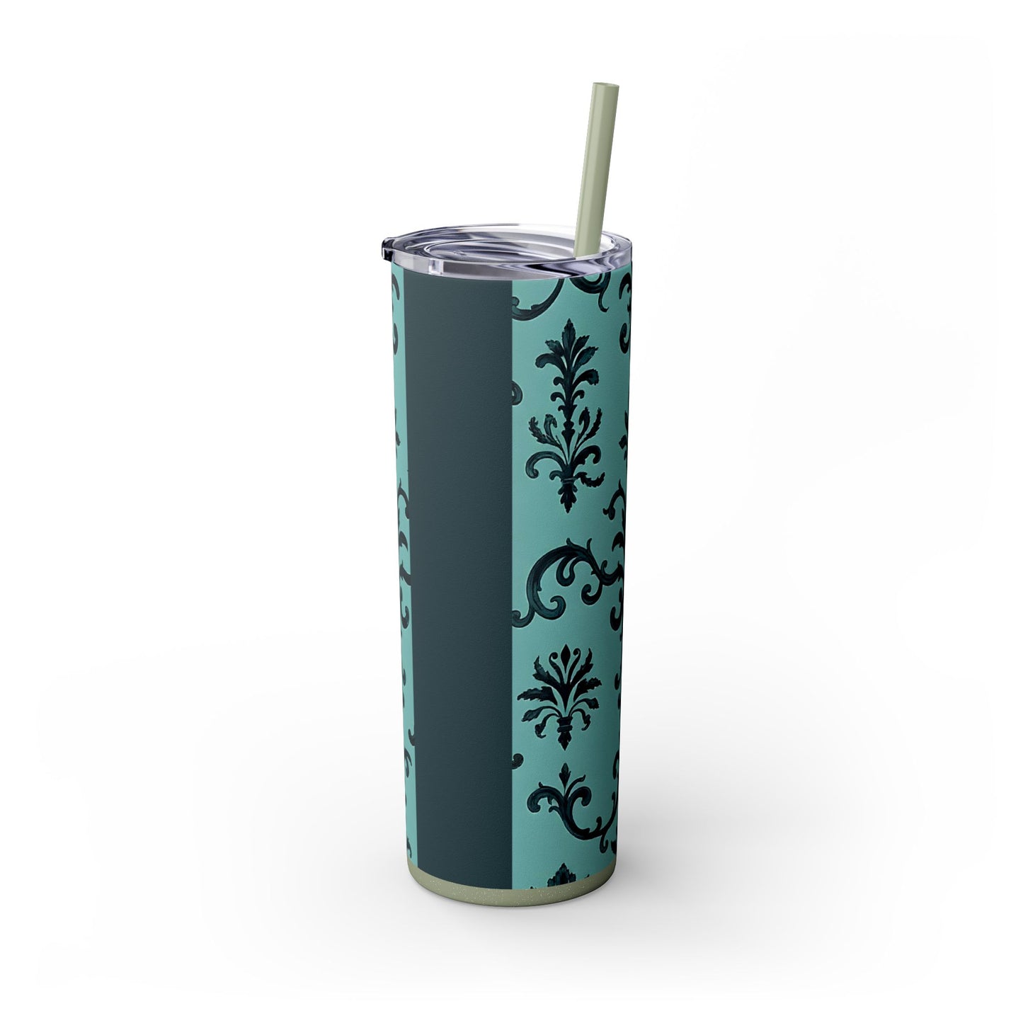 Elegant Floral Skinny Tumbler with Straw, 20oz, Personalized Drinkware, Stylish Travel Mug, Great Gift for Her - Teal Striped Rococo
