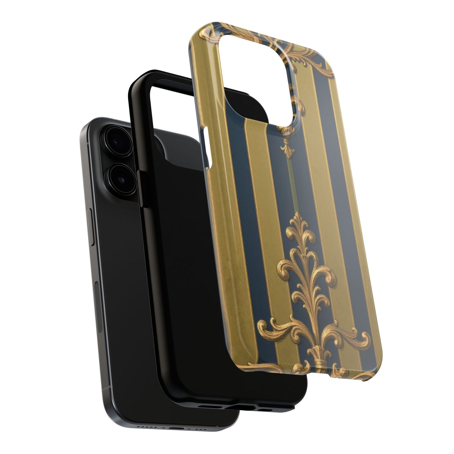 Elegant Midnight Blue & Olive Striped Gold Baroque Tough Phone Case, Phone Cover, Durable Case for Protection, Stylish Gift for Him/Her