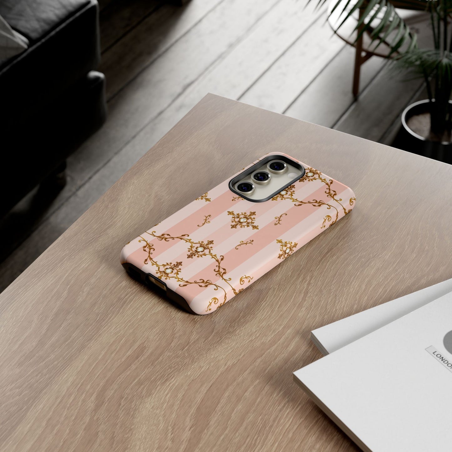 Elegant Floral Phone Case, Tough Cases for Women, Trendy Phone Cover, Chic Gift - Pink Jeweled Striped Gold Baroque
