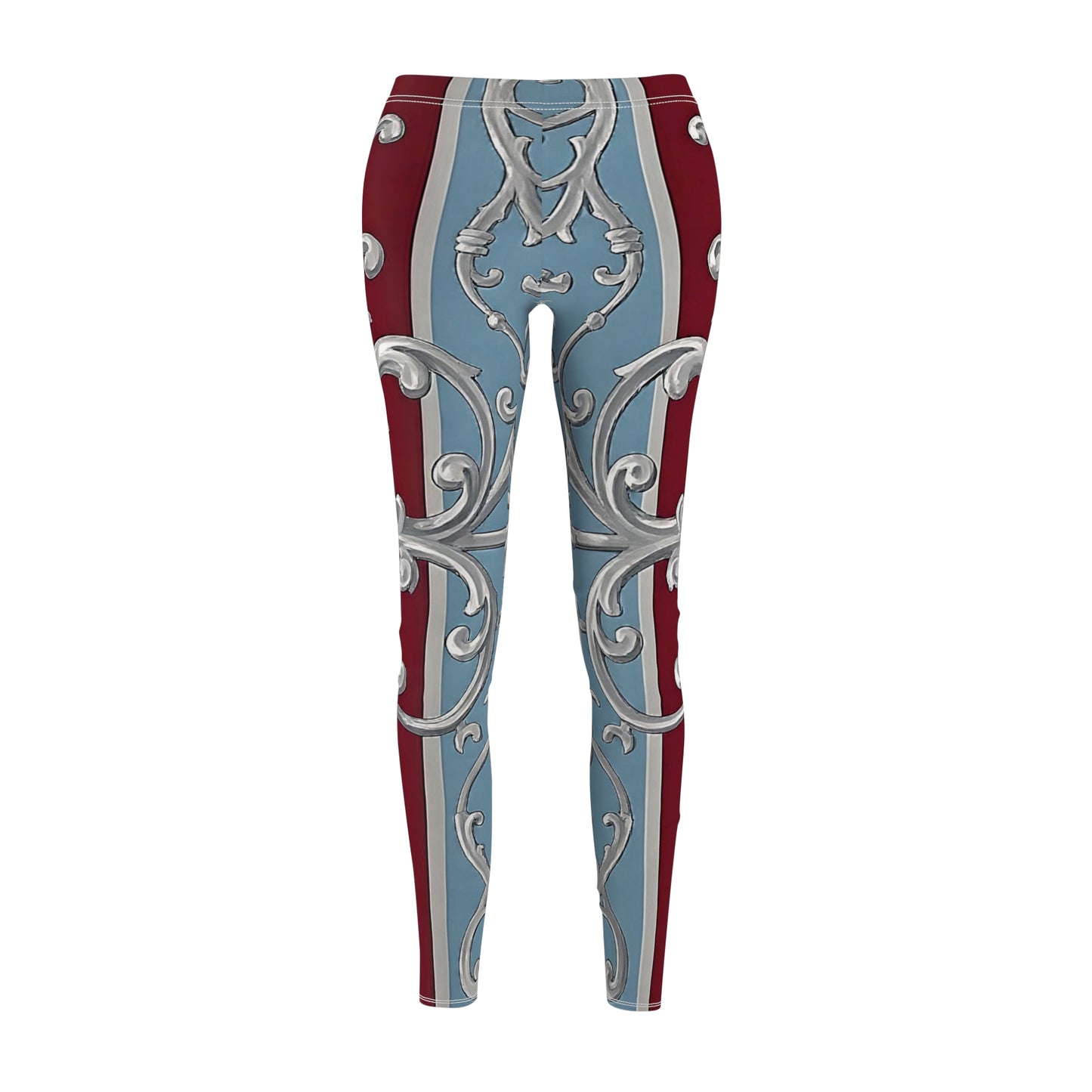 Elegant Floral Women's Leggings – Casual Comfort for Every Occasion - Ice Blue & Burgundy Striped Baroque