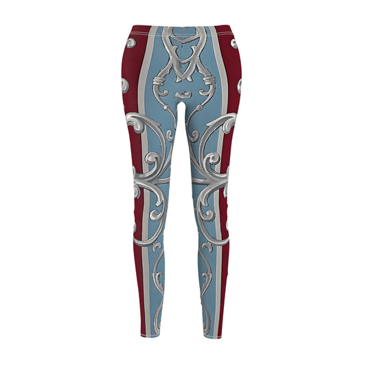 Elegant Floral Women's Leggings – Casual Comfort for Every Occasion - Ice Blue & Burgundy Striped Baroque