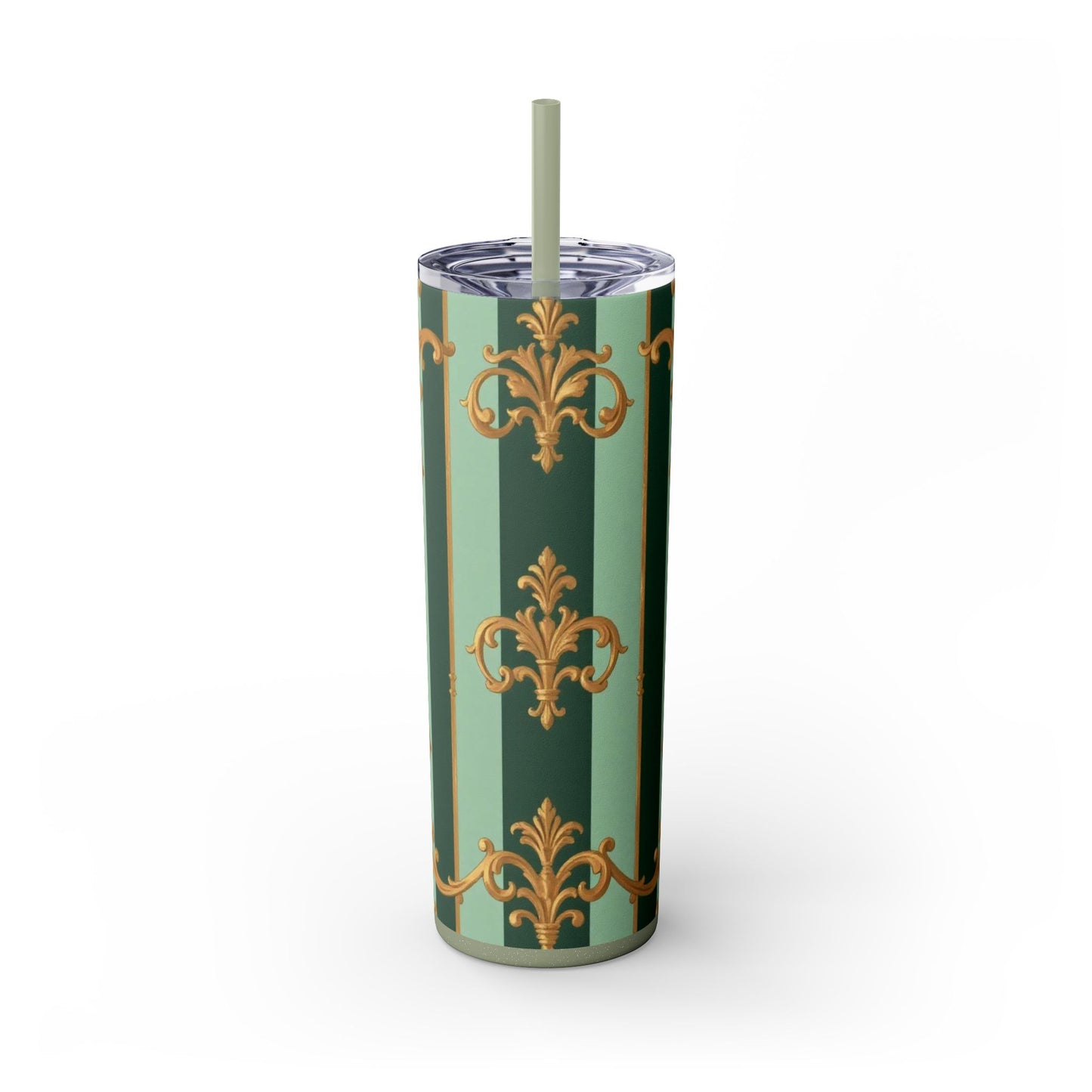 Elegant Floral Skinny Tumbler with Straw, 20oz – Stylish Travel Mug, Eco-Friendly Reusable Cup - Mint Green & Teal Striped Gold Baroque
