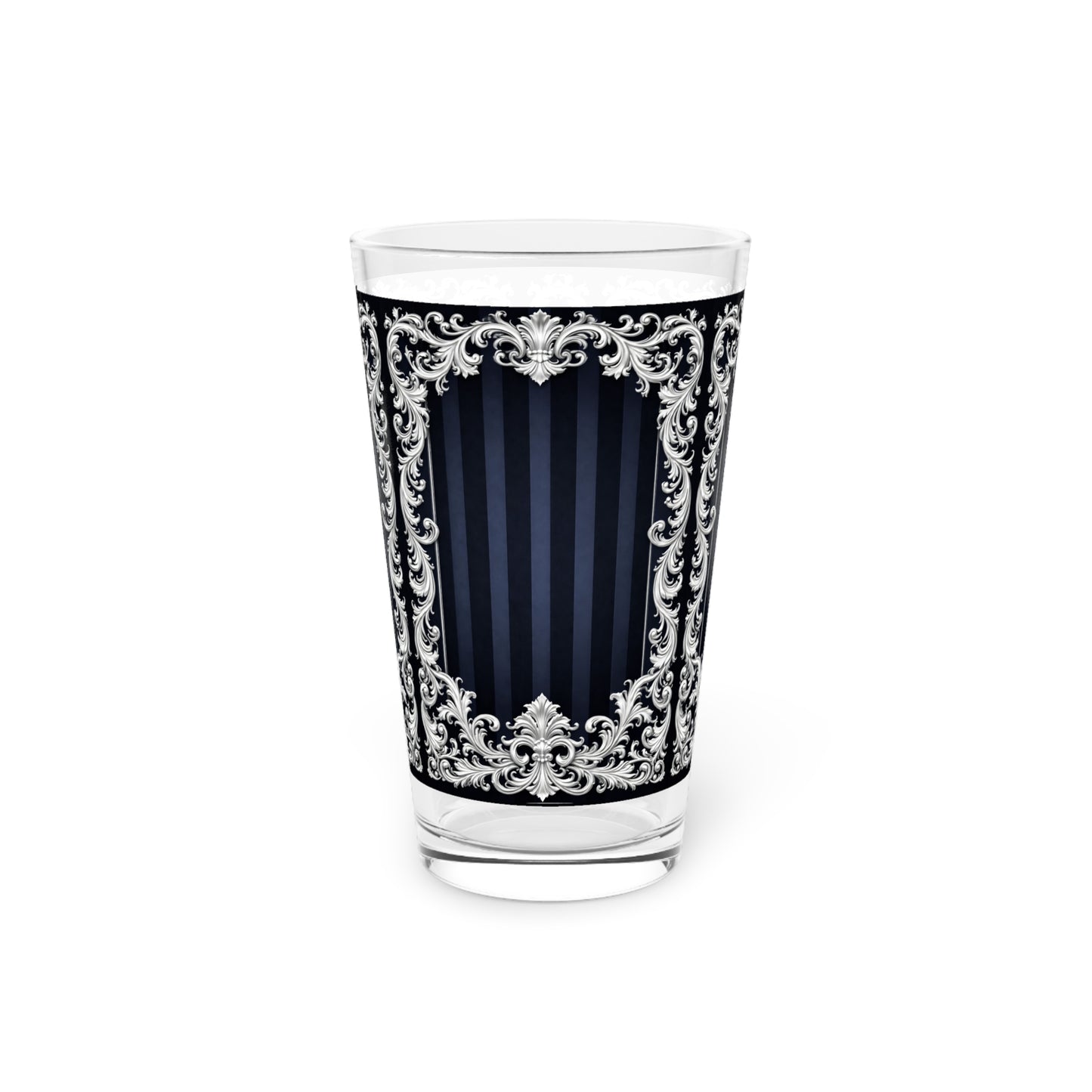 Navy Stripes & Baroque Pint Glass – Ornate Vintage Frame 16oz