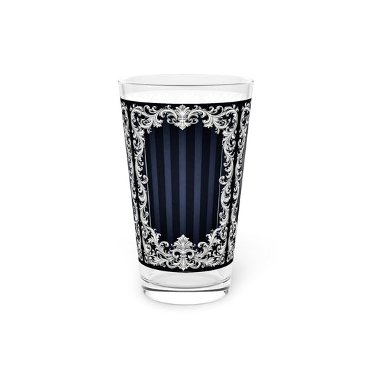 Navy Stripes & Baroque Pint Glass – Ornate Vintage Frame 16oz