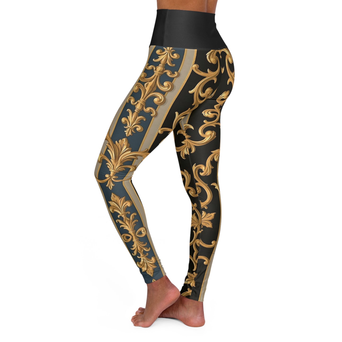 Elegant Floral High Waisted Yoga Leggings, Workout Leggings, Athleisure Pants, Fitness Fashion, Daily Wear - Blue & Black Striped Rococo