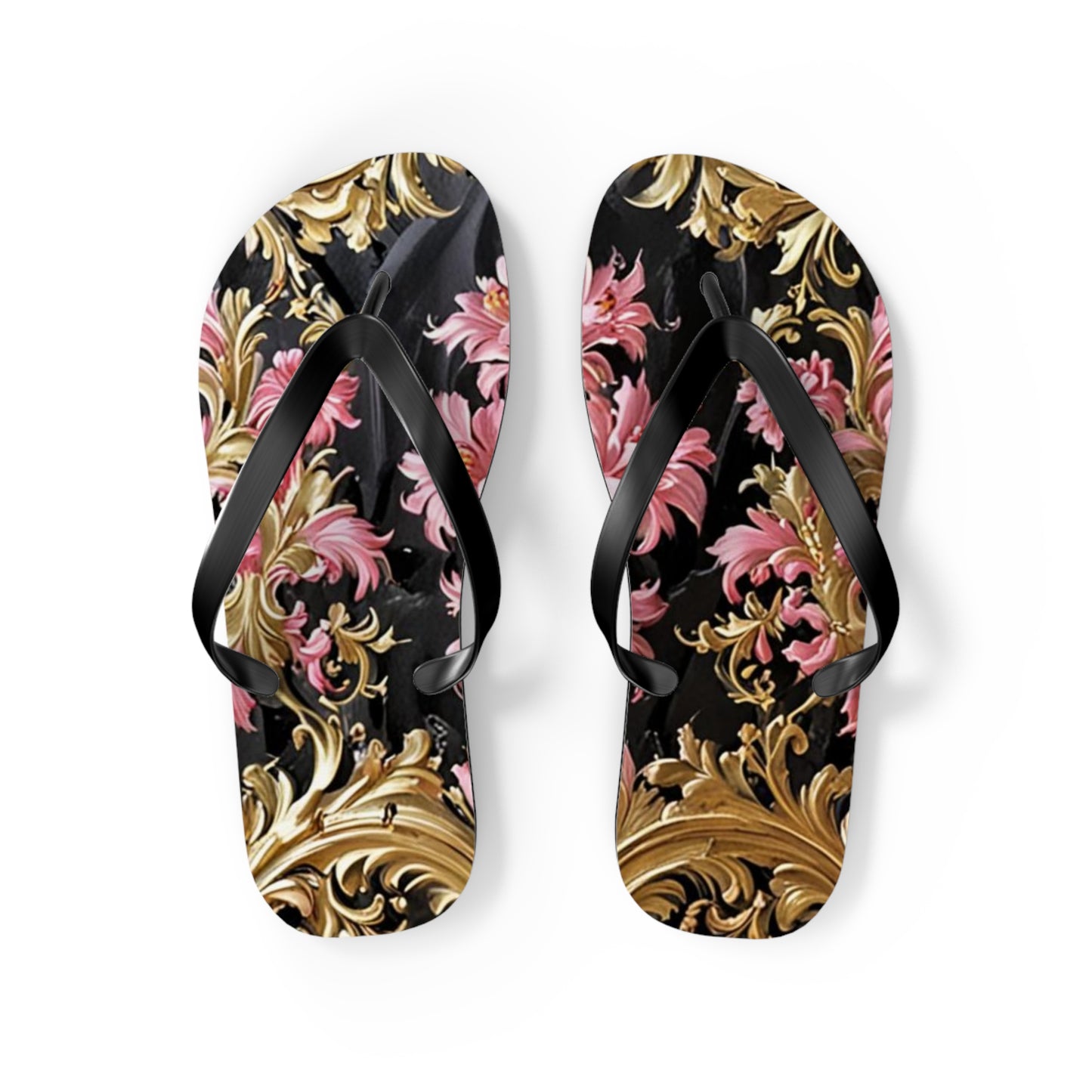 Elegant Floral Flip Flops - Summer Footwear, Beach Sandals, Vacation Accessories, Travel Essentials - Black & Pink Oil Painting Style Rococo