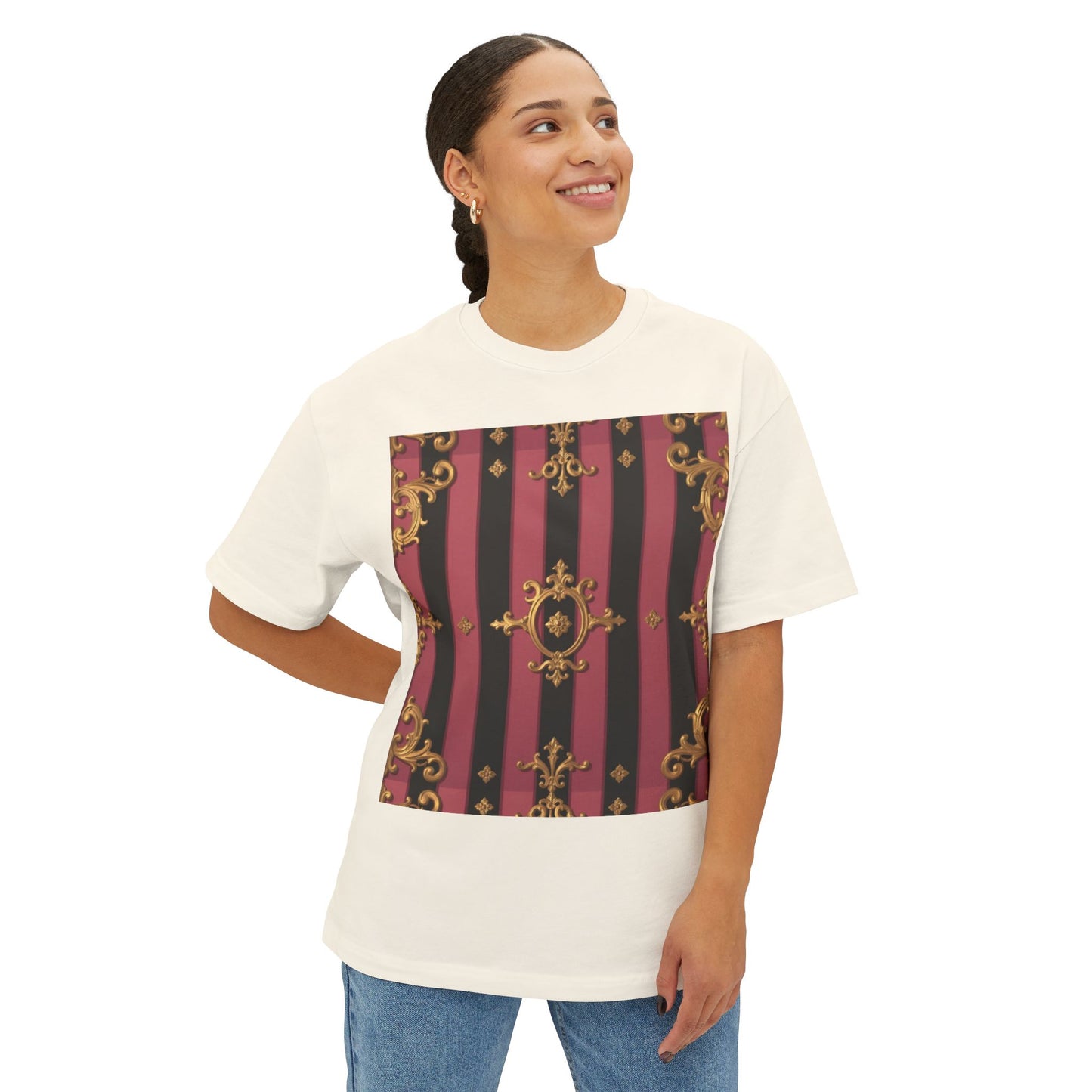 Stylish Black & Mauve Striped Gold Baroque Oversized Tee - Chic Statement Top, Casual Fashion, Perfect for Festivals